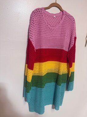 Pink Multicolor Open-Knit Sweater Beach cover-up XXL